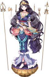 Rule 34 | 1girl, black hair, blue eyes, bowgun, breasts, crown, full body, holding, holding weapon, jewelry, kannonji (oshiro project), large breasts, long hair, midriff, navel, necklace, official art, oshiro project:re, oshiro project:re, sheep sleep, short sleeves, solo, transparent background, very long hair, weapon