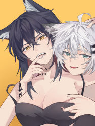 Rule 34 | 2girls, :d, ahoge, animal ear fluff, animal ears, aqua eyes, arknights, arm up, armpits, bare shoulders, biting, black bra, black hair, black nails, bra, breasts, cleavage, collarbone, fangs, finger in another&#039;s mouth, highres, lappland (arknights), large breasts, long hair, looking at viewer, material growth, messy hair, multicolored hair, multiple girls, nail polish, open mouth, oripathy lesion (arknights), red hair, scar, scar across eye, shiba257, silver hair, simple background, smile, strap slip, teeth, texas (arknights), two-tone hair, underwear, underwear only, upper body, v-shaped eyebrows, very long hair, wolf ears, yellow background, yellow eyes