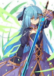 Rule 34 | 1girl, ahoge, aqua hair, arm up, black dress, cleavage cutout, closed mouth, clothing cutout, collared dress, commentary request, dress, energy, facial scar, fortissimo, hair between eyes, hair ornament, hair ribbon, highres, holding, holding sword, holding weapon, long dress, long hair, long sleeves, looking at viewer, mahcdai, musical note, musical note hair ornament, one side up, original, planol note, puffy long sleeves, puffy sleeves, purple dress, ribbon, scar, scar on cheek, scar on face, serious, sidelocks, solo, standing, sword, v-shaped eyebrows, weapon, white background, wings, yellow eyes