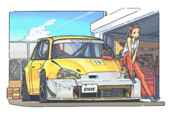 Rule 34 | 1girl, artist request, brown hair, car, cloud, day, english text, fxx, garage, green eyes, helmet, honda, honda civic, looking at viewer, motor vehicle, on vehicle, open mouth, orange pants, original, outdoors, pants, shoes, short hair, sky, smile, solo, tank top, tools, vehicle, vehicle focus, wrench