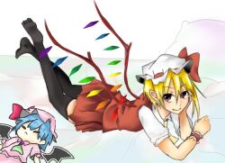 Rule 34 | 2girls, ascot, bat wings, black thighhighs, blonde hair, blue hair, closed eyes, closed mouth, flandre scarlet, full body, green ascot, hair between eyes, hat, light smile, looking at viewer, lowres, lying, mob cap, multicolored wings, multiple girls, no shoes, on stomach, ouga 0505, pink headwear, pink shirt, pink skirt, pleated skirt, pointy ears, red eyes, red skirt, red vest, remilia scarlet, shirt, siblings, sisters, skirt, the pose, thighhighs, touhou, vest, white background, white headwear, white shirt, wings, wrist cuffs, yellow ascot