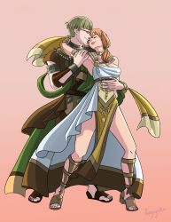 Rule 34 | 1boy, 1girl, absurdres, closed eyes, closed mouth, commission, couple, dancer (fire emblem: three houses), dancing, fire emblem, fire emblem: three houses, glasses, green hair, hetero, highres, ignatz victor, legs apart, leonie pinelli, nintendo, orange hair, roxyryoko, sandals, second-party source
