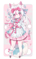 Rule 34 | 1girl, ahoge, animal ear fluff, animal ears, apron, asymmetrical legwear, blue bow, bow, brown footwear, chizunyanko, closed mouth, double bun, fox ears, fox girl, fox tail, frilled apron, frills, full body, hair between eyes, hair bow, hair bun, hand up, heart, highres, japanese clothes, kimono, long hair, long sleeves, looking at viewer, mismatched legwear, multicolored hair, original, pink bow, pink eyes, pink hair, pink skirt, pleated skirt, shoes, single sock, single thighhigh, skirt, sleeves past wrists, socks, solo, standing, streaked hair, striped clothes, tail, thighhighs, white apron, white hair, wide sleeves
