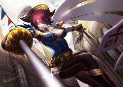 Rule 34 | 1girl, aiming, aiming at viewer, alternate costume, alternate hair color, architecture, belt, belt skirt, bird, black hair, blue eyes, boots, breasts, buckle, building, cape, citemer, city, cleavage, dagger, dual wielding, dutch angle, eyes visible through hair, fencing, fighting stance, fiora (league of legends), flag, foreshortening, from below, glint, hair over one eye, hat, highres, holding, knee boots, knife, large breasts, league of legends, light smile, lips, liuruoyu8888, looking at viewer, multicolored hair, outdoors, outstretched arms, rapier, red hair, royal guard fiora, short hair, signature, sky, smile, solo, spread arms, sword, two-tone hair, uniform, weapon