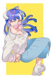 Rule 34 | 1girl, ahoge, blue hair, blue skirt, collared shirt, covered mouth, curled horns, dinosaur girl, horns, long hair, mask, mouth mask, multicolored hair, one eye closed, one piece, pink eyes, pink hair, pink mask, raine (acke2445), shirt, skirt, solo, streaked hair, ulti (one piece), white shirt
