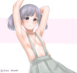 Rule 34 | 10s, armpits, artist name, breasts, brown eyes, disco brando, grey hair, highres, kantai collection, naked suspenders, navel, ooshio (kancolle), ribbon, small breasts, suspenders, tagme