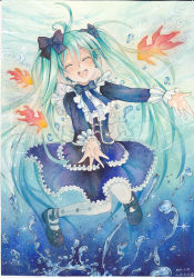 Rule 34 | 10s, 1girl, 2013, aqua eyes, artist name, bow, dated, dress, closed eyes, fish, frills, hair bow, hatsune miku, long hair, mosho, open mouth, painting (medium), pantyhose, solo, traditional media, twintails, very long hair, vocaloid, watercolor (medium)