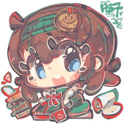Rule 34 | 1girl, absurdres, blue eyes, blush stickers, brown hair, chibi, dated, goddess of victory: nikke, green kimono, hairband, highres, japanese clothes, jrpencil, kimono, long hair, mica (nikke), mica (snow buddy) (nikke), official alternate costume, red ribbon, ribbon, sidelocks, signature, solo