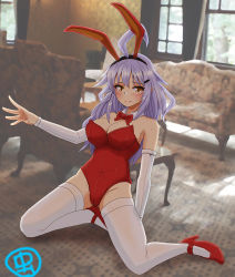 Rule 34 | 1girl, animal ears, bare shoulders, blush, bow, bowtie, breasts, cleavage, detached collar, fake animal ears, formal, gangut (kancolle), grey hair, hair between eyes, indoors, kantai collection, large breasts, leotard, long hair, looking at viewer, mushi mushi ex, orange eyes, playboy bunny, rabbit ears, red suit, scar, scar on face, shoes, sitting, smile, solo, suit, thighhighs, white thighhighs, window