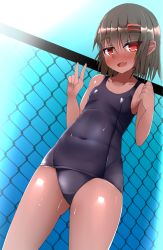 Rule 34 | 1girl, black hair, blush, breasts, child, collarbone, covered navel, dark skin, dark-skinned female, dutch angle, fang, fence, from below, hair ornament, hairclip, highres, looking at viewer, one-piece swimsuit, open mouth, original, school swimsuit, short hair, small breasts, smile, solo, souma (ordures), sweat, swimsuit, tan, thighs, v