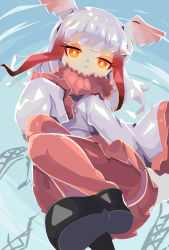 Rule 34 | 1girl, absurdres, bad id, bad twitter id, bird tail, bird wings, black footwear, breasts, feather trim, frown, highres, japanese crested ibis (kemono friends), kemono friends, kemono friends 3, long hair, long sleeves, looking at viewer, mappuri, multicolored hair, pleated skirt, pleated sleeves, red legwear, red skirt, shirt, skirt, sky, soles, solo, tail, white hair, white shirt, wings, yellow eyes