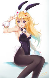 Rule 34 | 1girl, 2017, animal ears, areola slip, artist name, bare shoulders, black bow, black bowtie, black leotard, black pantyhose, blonde hair, blue eyes, bow, bowtie, breasts, card, chococuco, cleavage, dated, detached collar, dice, fake animal ears, highres, leotard, long hair, looking at viewer, medium breasts, open mouth, original, pantyhose, playboy bunny, playing card, rabbit ears, rabbit tail, sitting, smile, solo, strapless, strapless leotard, tail, wrist cuffs