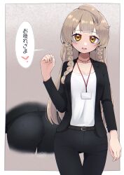 Rule 34 | 1girl, aged up, alternate hairstyle, ass, black jacket, black pants, blazer, blush, braid, breasts, brown eyes, brown hair, center-flap bangs, cleavage, commentary request, double-parted bangs, earrings, formal, highres, id card, jacket, jewelry, kooei, lanyard, long hair, looking at viewer, love live!, love live! school idol project, medium breasts, minami kotori, necklace, open mouth, pant suit, pants, shirt, side braids, smile, solo, suit, translation request, twin braids, white shirt
