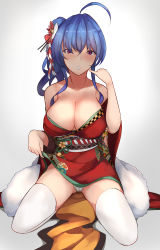 Rule 34 | 1girl, absurdres, ahoge, azur lane, blue hair, blush, breasts, chinese commentary, cleavage, clothes lift, commentary request, flower, hair flower, hair ornament, highres, huge filesize, japanese clothes, kimono, kimono lift, large breasts, looking at viewer, panties, pantyshot, purple eyes, short kimono, simple background, sitting, solo, st. louis (azur lane), st. louis (spirits in the snow) (azur lane), thighhighs, underwear, wariza, white thighhighs, yusha m