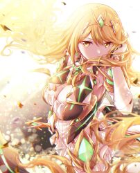 Rule 34 | 1girl, blonde hair, breasts, cleavage, cleavage cutout, clothing cutout, commentary, detached sleeves, dress, floating hair, gloves, highres, jewelry, large breasts, long hair, looking at viewer, mythra (xenoblade), solo, swept bangs, sword, tiara, ui frara, very long hair, weapon, white dress, white gloves, xenoblade chronicles (series), xenoblade chronicles 2, yellow eyes