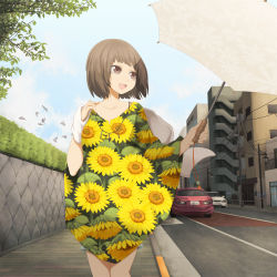 Rule 34 | 1girl, brown eyes, brown hair, building, car, cloud, day, floral print, flower, highres, jewelry, motor vehicle, necklace, original, poncho, road, sidewalk, sky, smile, solo, sunflower, umbrella, vehicle, yajirushi (chanoma)