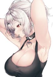 Rule 34 | 1girl, alternate costume, armpits, arms behind head, arms up, black collar, black shirt, blush, breasts, cleavage, collar, hair ornament, hair tie in mouth, heart collar, highres, hololive, large breasts, looking away, masi masio, mouth hold, profile, red eyes, sakamata chloe, shirt, silver hair, simple background, sleeveless, sleeveless shirt, solo, tying hair, upper body, virtual youtuber, white background, x hair ornament