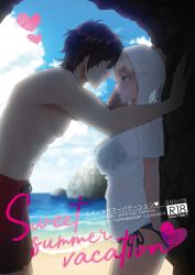 Rule 34 | 10s, 1boy, 1girl, against wall, antenna hair, arm support, arm tattoo, bare arms, bare shoulders, bikini, bikini under clothes, black bikini, black hair, black ribbon, blonde hair, blue eyes, blue sky, breasts, cave, character name, cloud, commentary request, couple, cover, cover page, cowboy shot, day, dragon tattoo, drawstring, eye contact, from side, genderswap, genderswap (mtf), hair between eyes, hand on another&#039;s head, hato yu-ki, heart, hetero, hood, hood up, hoodie, kabedon, looking at another, male swimwear, medium breasts, navel, ocean, ookurikara, outdoors, parted lips, profile, red male swimwear, red swim trunks, ribbon, rock, see-through, short hair, short sleeves, side-tie bikini bottom, sky, smile, swim trunks, swimsuit, tattoo, thighs, touken ranbu, wet, wet clothes, yamanbagiri kunihiro, yellow eyes