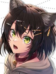 Rule 34 | 1girl, animal collar, animal ear fluff, animal ears, brown hair, cat ears, cat girl, collar, commentary request, fangs, green eyes, grey hoodie, hair ornament, hairclip, hood, hood down, hoodie, looking at viewer, open mouth, original, partial commentary, portrait, routo (rot 0), short hair