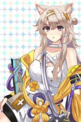 Rule 34 | 1girl, animal ears, arknights, bare shoulders, blue sealad, cat ears, commentary, dress, earrings, grey hair, highres, jacket, jewelry, kazemaru (arknights), long hair, long sleeves, looking at viewer, nail polish, off shoulder, open clothes, open jacket, parted lips, purple eyes, purple nails, short dress, solo, very long hair, white dress, yellow jacket