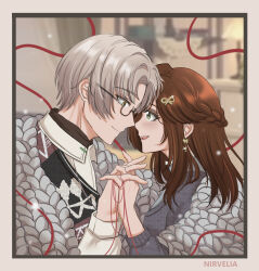 Rule 34 | 1boy, 1girl, :d, artist name, blurry, blurry background, border, brown hair, closed mouth, earrings, forehead-to-forehead, glasses, green eyes, grey jacket, heads together, highres, holding hands, jacket, jewelry, long hair, long sleeves, looking at another, mole, mole under eye, nirvelia, open mouth, rosa (tears of themis), short hair, smile, string, string of fate, sweater, tears of themis, turtleneck, turtleneck sweater, vyn richter (tears of themis), white border, white hair, yellow eyes