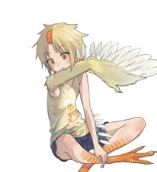 Rule 34 | 1girl, ari hinoko, bare arms, bare shoulders, biting arm, blush, brown shorts, claws, closed mouth, clothes writing, commentary request, feathers, green shirt, highres, indian style, monster girl, orange hair, original, shirt, short hair, shorts, simple background, sitting, solo, white background, wings