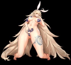 Rule 34 | 1girl, ahoge, animal ears, bad id, bad twitter id, black background, blonde hair, breasts, closed mouth, convenient censoring, faucre the evil overlord, full body, game cg, gluteal fold, hand to own mouth, highres, kakiman, large breasts, last origin, leg tattoo, long hair, navel, nipple slip, nipples, nude, official art, rabbit ears, tape, tattoo, very long hair, yellow eyes