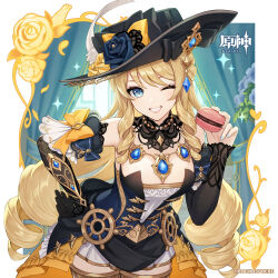 Rule 34 | 1girl, absurdres, bare shoulders, black dress, black headwear, blonde hair, blue eyes, breasts, cleavage, commentary request, cowboy shot, detached sleeves, dress, food, genshin impact, grin, highres, holding, holding food, jewelry, long hair, long sleeves, looking at viewer, macaron, navia (genshin impact), necklace, official art, one eye closed, smile, solo, standing, strapless, strapless dress, very long hair
