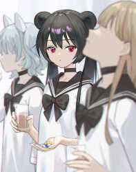 Rule 34 | 3girls, animal ears, black bow, black bowtie, black choker, black hair, black sailor collar, blonde hair, blue hair, blurry, blurry foreground, bow, bowtie, choker, closed mouth, commentary, cup, double bun, dress, drinking, drinking glass, expressionless, faceless, faceless female, hair between eyes, hair bun, holding, holding cup, long hair, looking at viewer, multiple girls, original, oto1 030, pill, red eyes, sailor collar, sailor dress, short hair, solo focus, symbol-only commentary, twintails, upper body, white dress