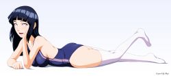 Rule 34 | 1girl, :d, absurdres, benjoerres, blue hair, blue one-piece swimsuit, breasts, competition swimsuit, derivative work, from side, full body, head rest, highres, hyuuga hinata, large breasts, long hair, lying, naruto, naruto (series), naruto shippuuden, on stomach, one-piece swimsuit, open mouth, shiny clothes, sideboob, smile, solo, swimsuit, the pose, thighhighs, white background, white eyes, white thighhighs