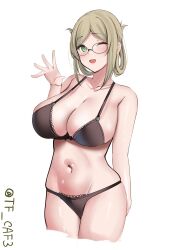 Rule 34 | 1girl, black bra, black panties, blush, bra, breasts, brown hair, commentary request, cowboy shot, folded ponytail, glasses, green eyes, hair between eyes, highres, kantai collection, katori (kancolle), large breasts, long hair, looking at viewer, navel, one-hour drawing challenge, panties, simple background, smile, solo, tf cafe, twitter username, underwear, white background