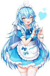 Rule 34 | 1girl, ;d, ahoge, alternate costume, apron, aqua nails, back bow, blue bow, blue bowtie, blue dress, blue hair, bow, bowtie, braid, brooch, collarbone, collared shirt, crossed bangs, crossed legs, dress, fangs, flower, frilled apron, frilled dress, frills, hair between eyes, hair flower, hair ornament, hair over shoulder, hands up, heart, heart hands, highres, hololive, hoshino reiji, jewelry, light blush, long hair, looking at viewer, maid, maid apron, maid headdress, multicolored hair, one eye closed, open mouth, pleated dress, pointy ears, puffy short sleeves, puffy sleeves, shirt, short sleeves, sidelocks, simple background, smile, snowflake hair ornament, standing, streaked hair, teeth, thighhighs, upper teeth only, very long hair, virtual youtuber, white apron, white background, white bow, white shirt, white thighhighs, wrist cuffs, yellow eyes, yukihana lamy