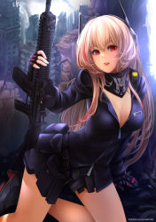 Rule 34 | 1girl, absurdres, anakin sky (utcc), arm support, assault rifle, black jacket, blush, boots, breasts, city, cleavage, cloud, cloudy sky, day, fangs, fingerless gloves, girls&#039; frontline, gloves, gun, hair between eyes, headgear, highres, holding, holding gun, holding weapon, jacket, long hair, long sleeves, looking at viewer, m4 carbine, m4 sopmod ii, m4 sopmod ii (girls&#039; frontline), medium breasts, multicolored hair, open mouth, outdoors, patreon username, pink hair, pouch, red eyes, red hair, rifle, ruins, scarf, sidelocks, sky, smile, solo, streaked hair, thighs, walkie-talkie, weapon, zipper