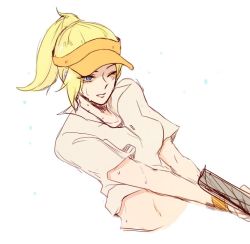Rule 34 | 1girl, blonde hair, blue eyes, breasts, female focus, mercy (overwatch), midriff, navel, one eye closed, overwatch, overwatch 1, pink lips, ponytail, racket, shirt, short sleeves, simple background, sketch, solo, stomach, sweat, sweatdrop, tennis racket, upper body, visor cap, white background, white shirt, wristband