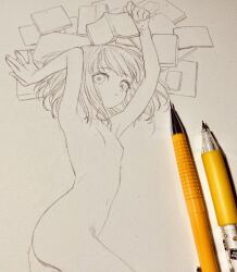 Rule 34 | 1girl, arms up, art tools in frame, ass, book, commentary, completely nude, cowboy shot, flat chest, graphite (medium), highres, kaede (shijie heping), looking at viewer, lying, mechanical pencil, medium hair, nude, on side, original, parted lips, pencil, photo (medium), sketch, solo, symbol-only commentary, traditional media, unfinished