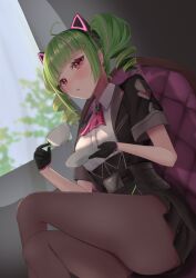 Rule 34 | 1girl, :o, ahoge, animal ear headphones, ara1e, blurry, blurry background, blush, breasts, cat ear headphones, character request, copyright request, crossed legs, cup, delutaya, gloves, green hair, hair ornament, headphones, highres, large breasts, long hair, looking at viewer, open mouth, pantyhose, pink eyes, plate, shirt, sitting, skirt, smile, solo, tagme, teacup, virtual youtuber
