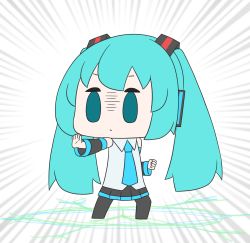 Rule 34 | 1girl, absurdres, aqua eyes, aqua hair, aqua necktie, bare shoulders, black legwear, black skirt, black sleeves, chibi, clenched hand, commentary, detached sleeves, emphasis lines, fighting stance, flat color, full body, grey shirt, hair ornament, hatsune miku, hatsune negame, headphones, highres, long hair, magic circle, miniskirt, necktie, outstretched arm, outstretched hand, pleated skirt, shaded face, shirt, skirt, sleeveless, sleeveless shirt, solid oval eyes, solo, standing, twintails, very long hair, vocaloid, white background