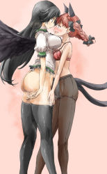 Rule 34 | 2girls, :d, :o, animal ears, ass, asymmetrical docking, bare shoulders, black hair, black legwear, black wings, blush, bottomless, bra, braid, breast press, breast rest, breasts, cat ears, cat girl, cat tail, drooling, eye contact, female focus, fundoshi, hair ribbon, half-closed eyes, hand on leg, height difference, imminent kiss, japanese clothes, kaenbyou rin, large breasts, legs, lingerie, long hair, looking at another, midriff, multiple girls, multiple tails, naughty face, neck, no panties, open mouth, pantyhose, pink background, puffy sleeves, red bra, red eyes, red hair, reiuji utsuho, ribbon, saliva, seamed legwear, shirt, shy, side-seamed legwear, smile, standing, tail, thighhighs, touhou, twin braids, two tails, underwear, wings, yohane, yuri