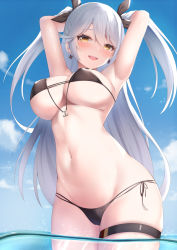 Rule 34 | 1girl, armpits, arms behind head, arms up, azur lane, bad id, bad pixiv id, bare arms, bare shoulders, bikini, black bikini, breasts, cleavage, cowboy shot, cross, cross earrings, day, earrings, groin, hair ribbon, highres, jewelry, large breasts, long hair, looking at viewer, multi-strapped bikini, navel, official alternate costume, outdoors, prinz eugen (azur lane), prinz eugen (unfading smile) (azur lane), ribbon, side-tie bikini bottom, skindentation, solo, standing, stomach, string bikini, swimsuit, tatsumiya kagari, thigh strap, two side up, very long hair, wading, water, white hair, yellow eyes