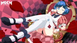 Rule 34 | 1girl, alice in wonderland, artist request, ass, black footwear, black panties, blue eyes, blue hair, bow, card, chair, crossed legs, dress, flower, hand on own face, highres, looking at viewer, magical girl, magicami, official art, official wallpaper, one eye closed, panties, petals, playing card, rose, rose petals, shoes, short hair, sidelocks, sitting, smile, socks, thighhighs, tomonaga kaori, tongue, tongue out, underwear, white socks, wrist cuffs, zettai ryouiki
