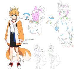 Rule 34 | 1boy, animal ears, banri 0917, black choker, black shorts, blonde hair, blue eyes, blush, character sheet, choker, closed mouth, commentary request, fox boy, fox ears, fox tail, from behind, full body, highres, humanization, jacket, korean commentary, korean text, long sleeves, looking at viewer, male focus, multiple tails, multiple views, open clothes, open jacket, red footwear, shirt, shoes, short hair, short sleeves, shorts, simple background, solo, sonic (series), standing, tail, tails (sonic), translation request, two tails, white background, white shirt, yellow jacket