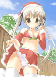 Rule 34 | 1girl, bell, bra, breasts, brown eyes, cameltoe, christmas, cleavage, clothes lift, day, detached sleeves, eating, fence, flat chest, food, hat, kasugano sora, lingerie, long hair, medium breasts, merry christmas, midriff, outdoors, panties, pantyshot, pocky, purple panties, ribbon, santa costume, santa hat, skirt, skirt lift, snow, solo, thighhighs, twintails, underwear, upskirt, white hair, white thighhighs, yosuga no sora