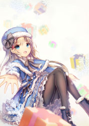 Rule 34 | 1girl, :d, black bow, black footwear, black pantyhose, blue capelet, blue dress, blue eyes, blue hat, blurry, blurry foreground, boots, bow, box, capelet, christmas, depth of field, dress, fur-trimmed boots, fur-trimmed capelet, fur-trimmed sleeves, fur hat, fur trim, gift, gift box, hair between eyes, hair ornament, hat, highres, light brown hair, lolita fashion, long hair, long sleeves, looking at viewer, missile228, open mouth, original, pantyhose, sidelocks, slavic mythology, smile, snegurochka (mythology), snowflakes, solo, star (symbol), star hair ornament, very long hair