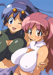 Rule 34 | 2girls, :o, ;d, age difference, aged up, alternate hairstyle, antenna hair, arm grab, asymmetrical docking, bikini, black bikini, blue background, blue eyes, blue hair, blush, breast press, breasts, cirima, cleavage, cleavage cutout, clothes around waist, clothing cutout, covered erect nipples, crop top, embarrassed, eyewear on head, from side, glasses, halterneck, happy, head tilt, high ponytail, hinata aki, hinata natsumi, hug, huge breasts, impossible clothes, impossible swimsuit, keroro gunsou, large breasts, lipstick, long hair, looking at viewer, makeup, mature female, midriff, mother and daughter, multiple girls, navel, one eye closed, open mouth, orange eyes, parted bangs, pince-nez, pink hair, pink lips, ponytail, red lips, ribbon, sarong, scrunchie, shirt, sidelocks, simple background, sleeveless, sleeveless shirt, smile, sports bikini, sunglasses, sweater, sweater around waist, swimsuit, turtleneck, twintails, two side up, unaligned breasts, upper body, volvox, wavy hair, white background, white bikini, wink