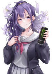 Rule 34 | 1girl, absurdres, asahina mafuyu, black cardigan, can, cardigan, collarbone, energy drink, flower, grey serafuku, grey shirt, grey skirt, hair between eyes, hair ornament, hair scrunchie, hands up, high ponytail, highres, holding, holding can, lily (flower), long hair, long sleeves, looking at viewer, miyamasuzaka girls&#039; academy school uniform, monster energy, neckerchief, open clothes, parted lips, pleated skirt, ponytail, project sekai, purple eyes, purple flower, purple hair, red neckerchief, sailor collar, school uniform, scrunchie, serafuku, shirt, simple background, skirt, smile, solo, standing, upper body, white background, white sailor collar, yuzu ponzu (vgah7445)