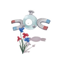 Rule 34 | blue flower, commentary request, creatures (company), floating, flower, game freak, gen 1 pokemon, highres, magnemite, nintendo, no humans, one-eyed, pokemon, pokemon (creature), red flower, screw, shadow, simple background, suimin ap (aroniumu), white background