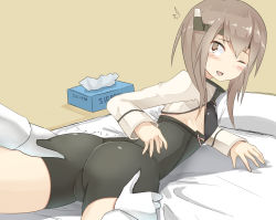 Rule 34 | 10s, 1boy, 1girl, ;d, ^^^, admiral (kancolle), arm support, ass, ass grab, blush, bodysuit, brown eyes, brown hair, cameltoe, cowboy shot, dutch angle, flat chest, futon, gloves, grey eyes, grey hair, headband, headgear, hetero, kantai collection, katsuda (katonnbootita), long sleeves, looking at another, looking at viewer, looking back, lying, massage, on bed, on stomach, one eye closed, open mouth, pillow, pov, product placement, raised eyebrows, ribs, shadow, short hair, short hair with long locks, sidelocks, simple background, smile, solo focus, spread legs, sweatdrop, taihou (kancolle), tears, thigh grab, tissue, tissue box, trembling, turtleneck, unitard, white gloves