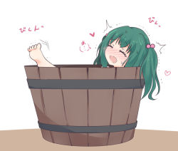 Rule 34 | 1girl, barefoot, blush, bucket, drooling, closed eyes, green hair, hair bobbles, hair ornament, heart, in bucket, in container, kisume, mickeysmith, nose blush, open mouth, saliva, simple background, solo, sweat, symbol-shaped pupils, touhou, trembling, twintails, wavy mouth, white background