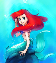 Rule 34 | 1girl, ariel (disney), blue eyes, disney, drawloverlala, fins, long hair, mermaid, monster girl, red hair, shell, shell bikini, smile, solo, tail, the little mermaid, underwater