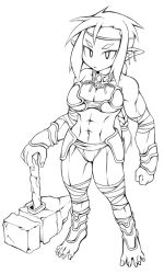 Rule 34 | 1girl, bad id, bad pixiv id, breasts, cleavage, filly erhard, greyscale, hammer, headband, midriff, monochrome, muscular, navel, revealing clothes, sidelocks, simple background, solo, standing, stomach, toned, uccow, white background